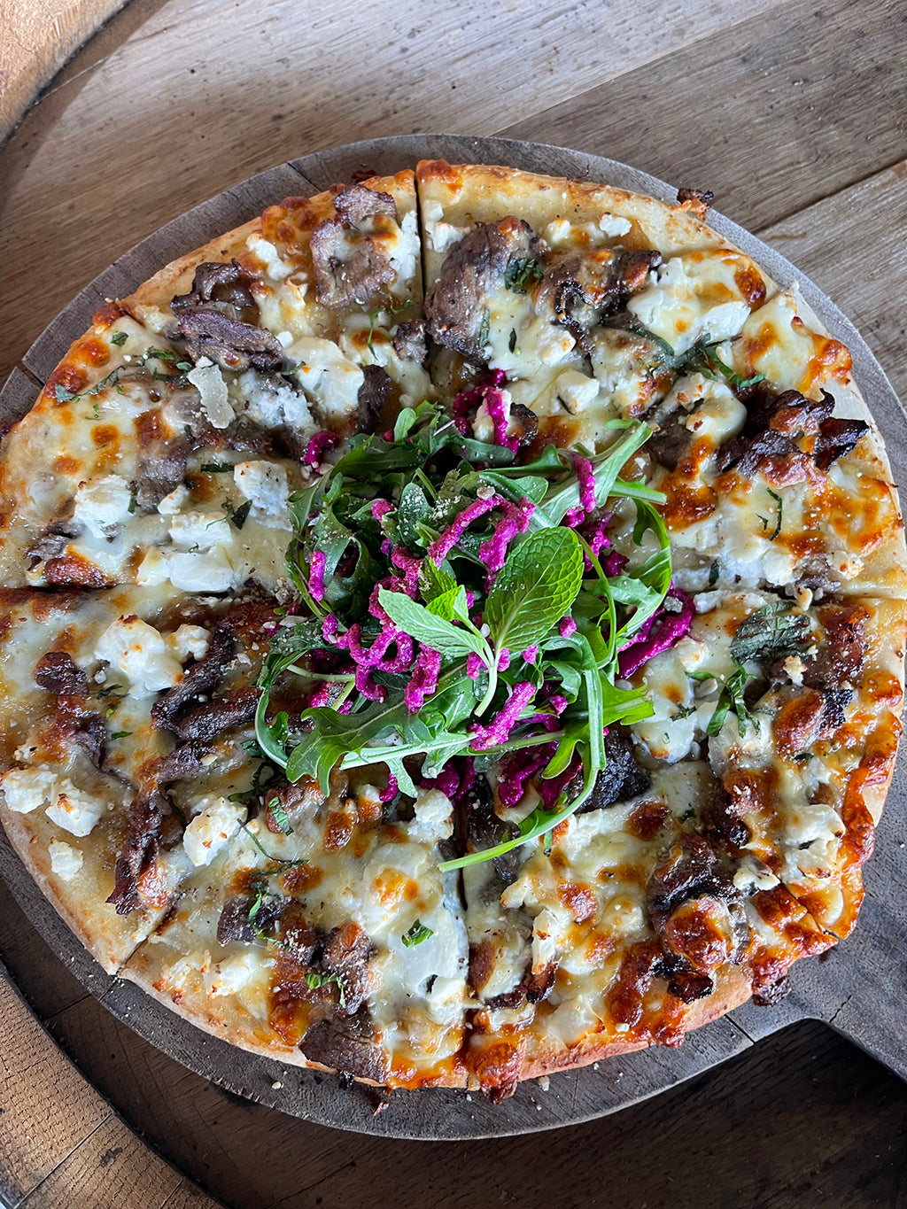 Wood Smoked Lamb Mediterranean Pizza with Fetta & Goats Cheese