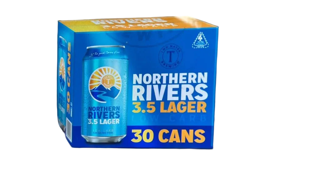 Box of Northern Rivers 3.5 Lager cans on a dark background