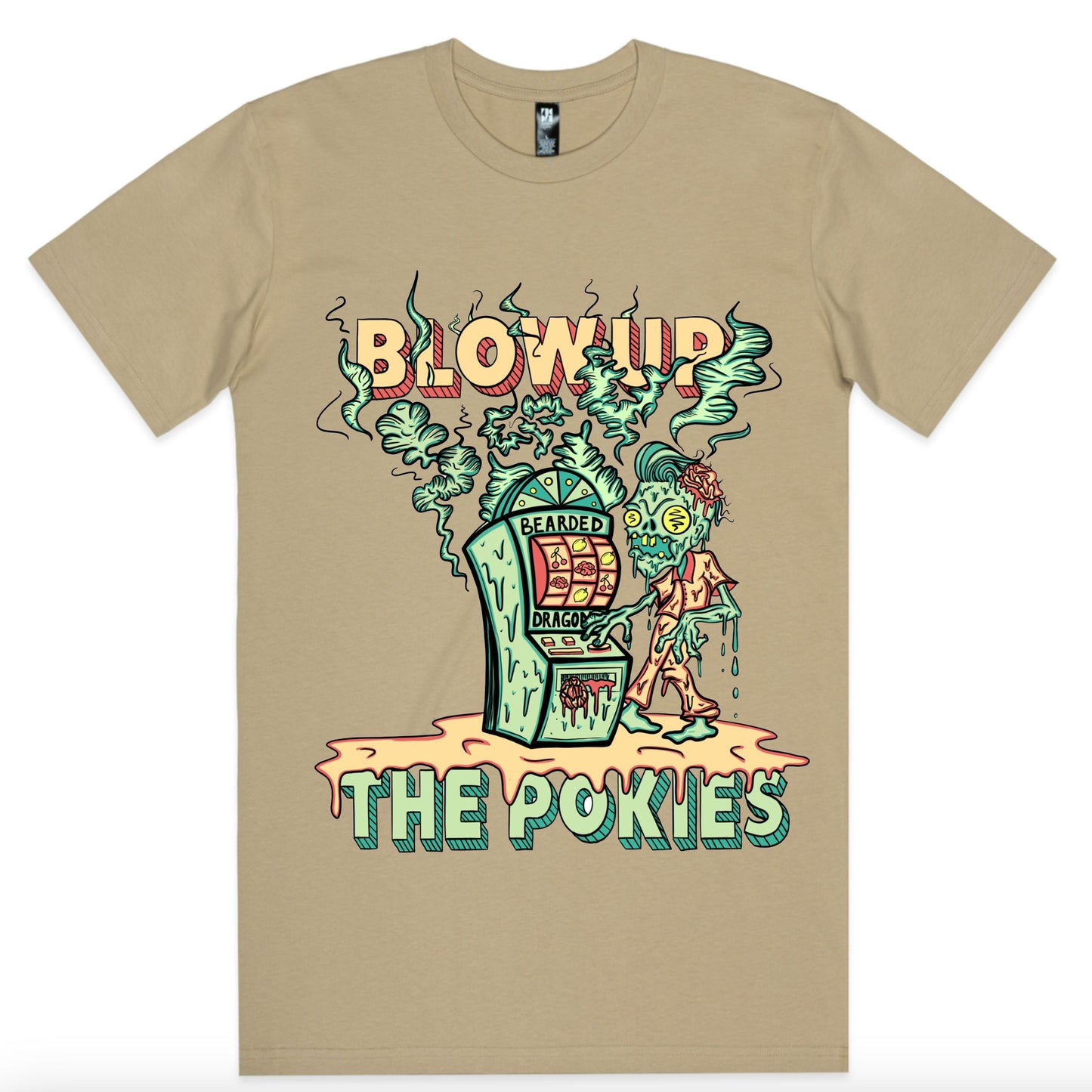 Blow Up The Pokies - Tan Shirt | Yellow/Green