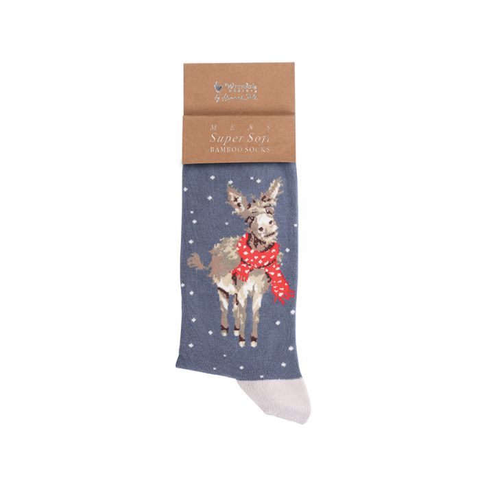 ‘All Wrapped Up’ Blue Donkey Bamboo Christmas Socks, Wrendale Designs