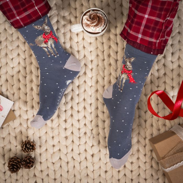 ‘All Wrapped Up’ Blue Donkey Bamboo Christmas Socks, Wrendale Designs